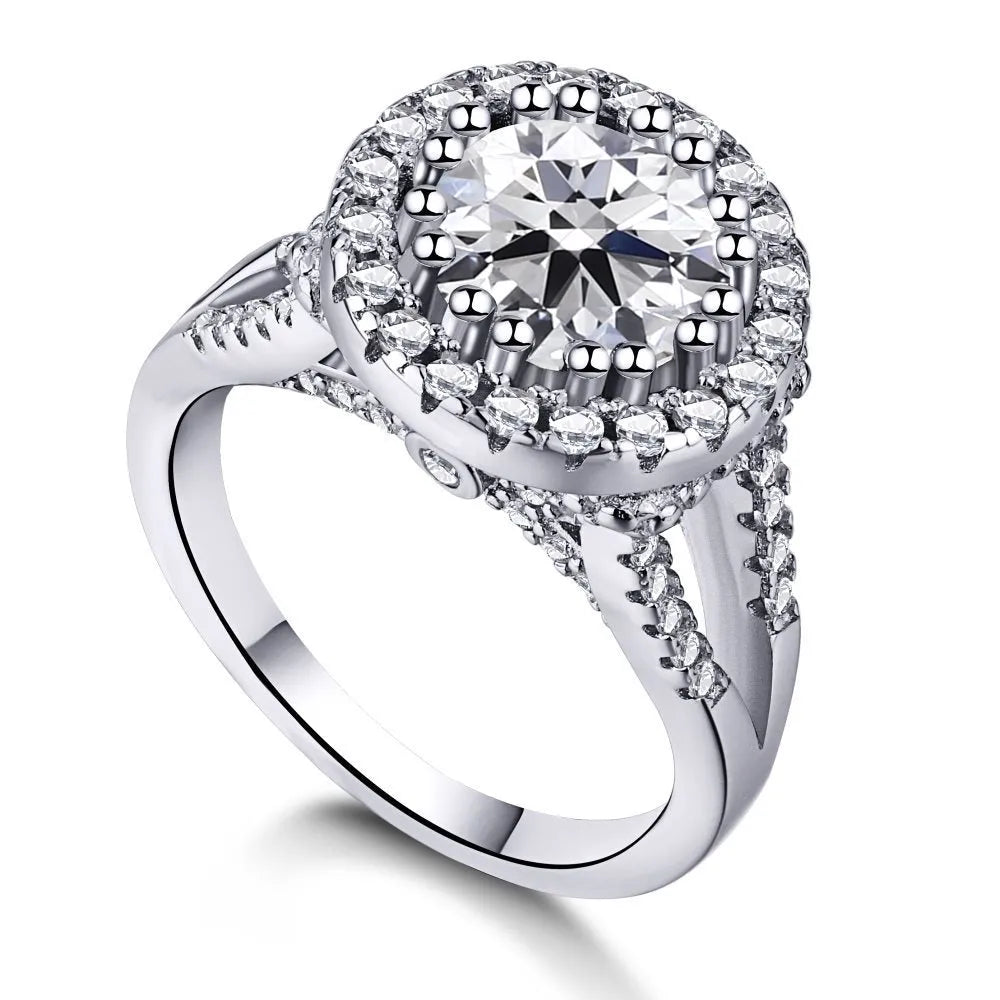 Silver ring with round cubic zirconia stones, geometric design, electroplated finish