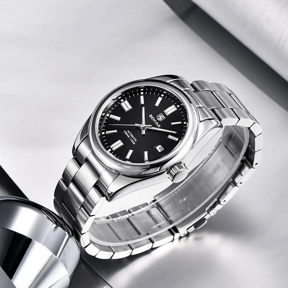 Men's automatic mechanical watch with 39mm round dial, stainless steel strap, and black dial face on white background