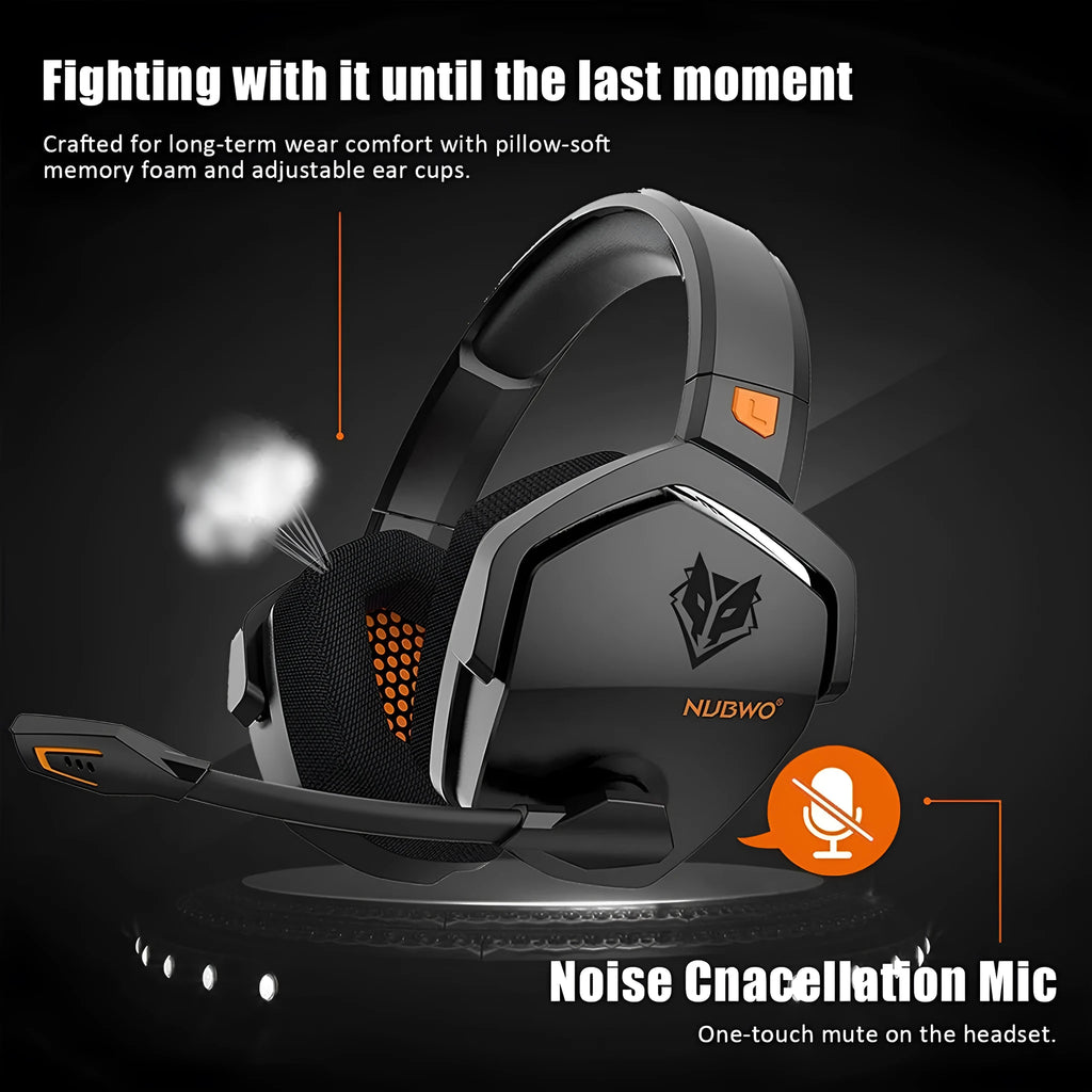 Black and orange wireless gaming headset with head-mounted design and simulated skin protein ear cushions
