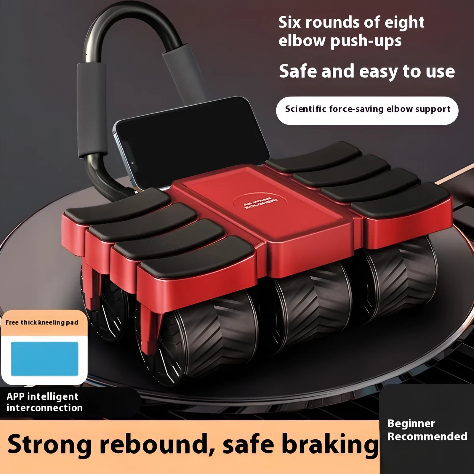 Six-wheel eight-elbow automatic rebound abdominal wheel in black with AI app connectivity for home fitness