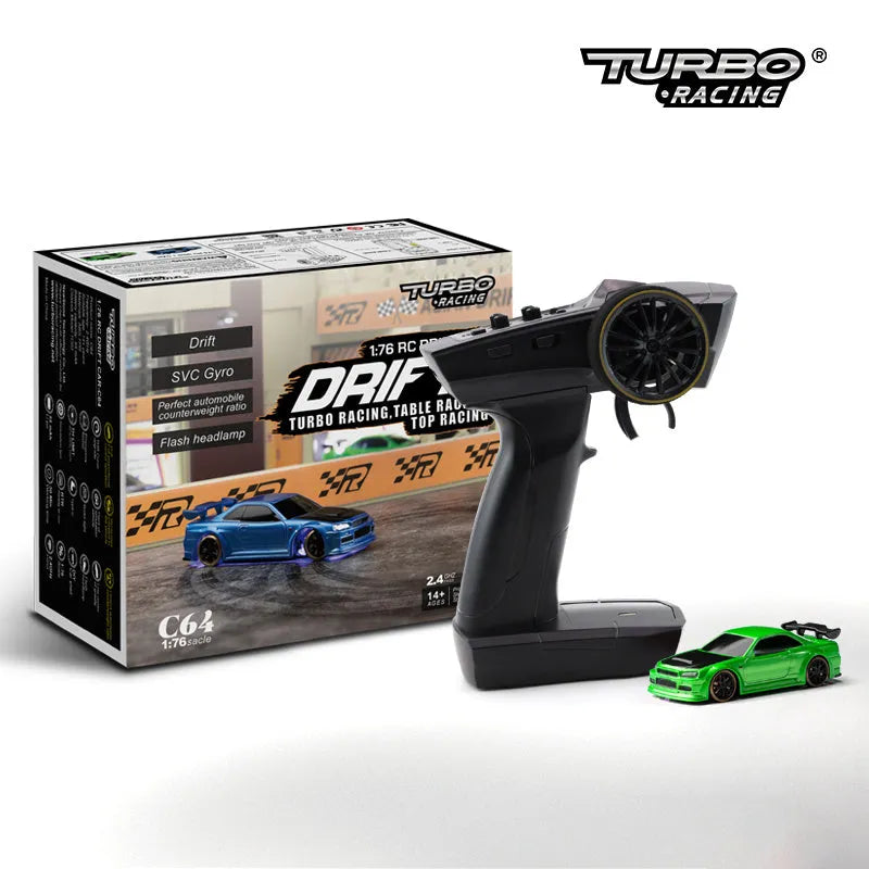 Blue Turbo Racing C64 gyro drift RC car with proportional remote control on a track