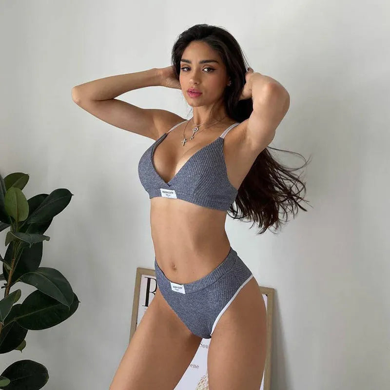 Women's embroidery contrast colour binding letters bikini set in black sleeveless design