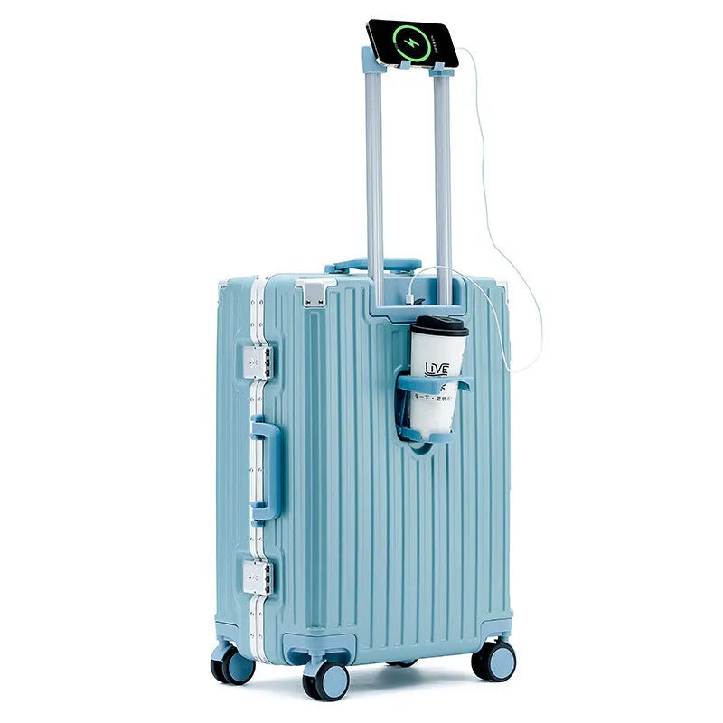 Aluminium frame trolley suitcase in avocado green with multi-functional pockets and USB port.