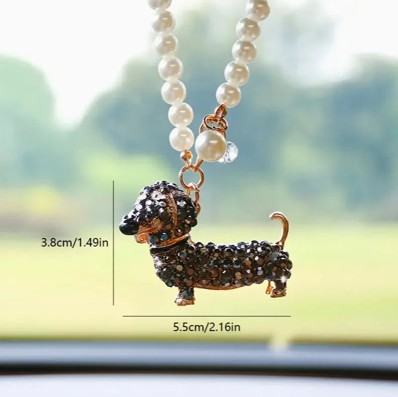 Diamond-embedded dachshund puppy hanging car rearview mirror pendant in alloy with light luxury finish