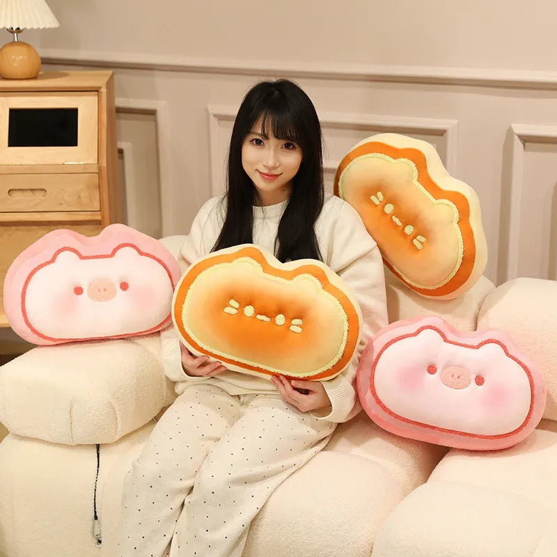Cheese shaped plush pillow with cute kitten design in caramel colour, 40cm size
