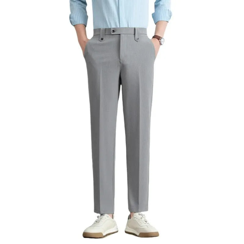 Men's loose straight business trousers in SF28 black elastic polyester fabric, front view