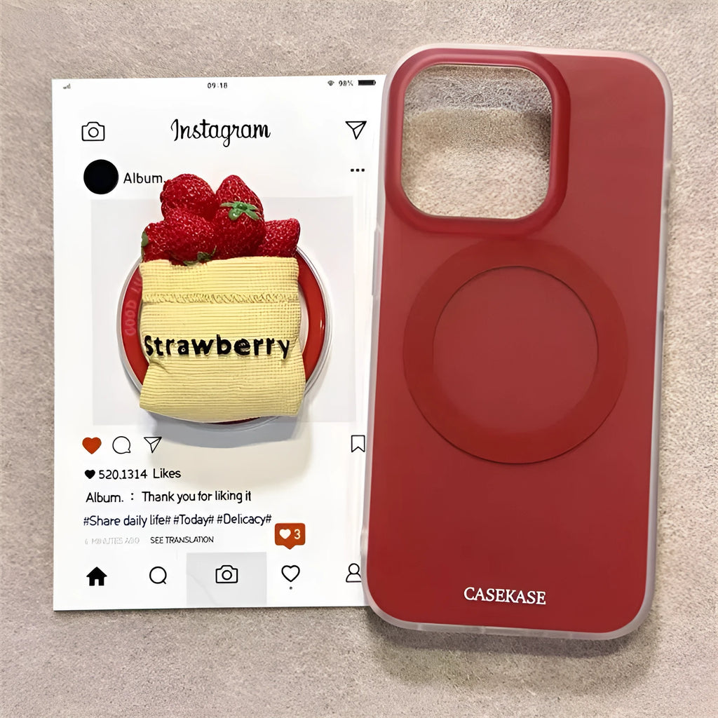 Silicone iPhone case with strawberry magnetic bracket, frosted matte finish, red colour.