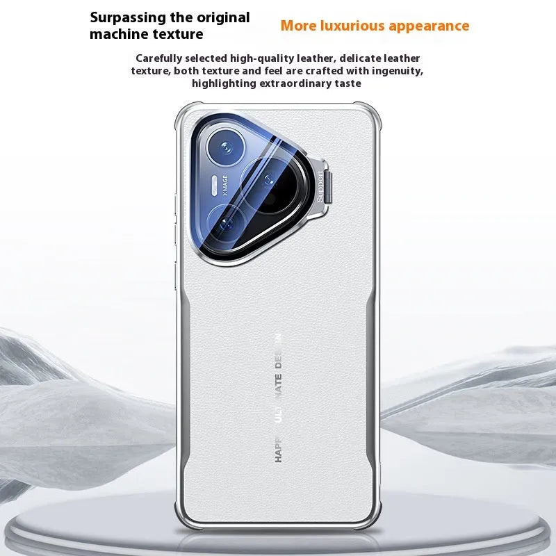 Huawei Pura series leather phone case in black with an invisible kickstand bracket deployed.