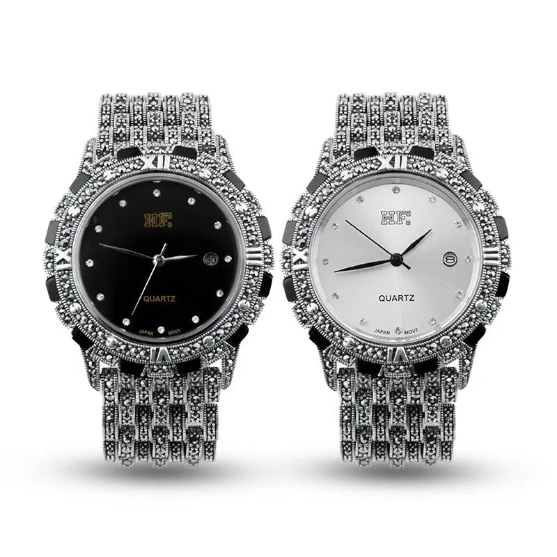 Quartz movement watch with metal bracelet, 41mm round dial, black or white plate, jewellery buckle