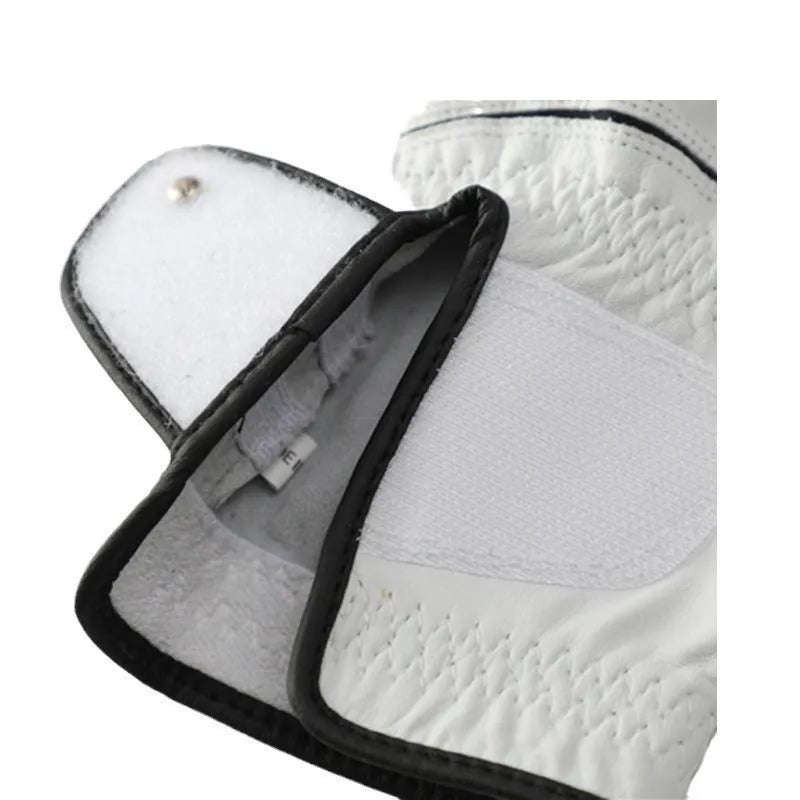 Men's white half sheepskin leather golf glove showing non-slip palm detail.
