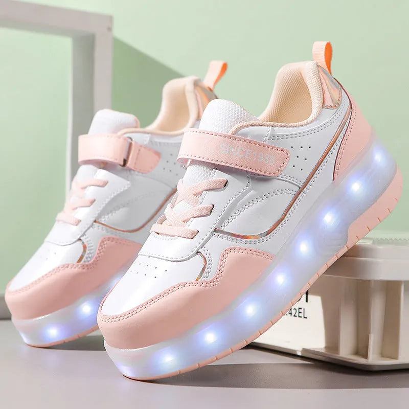 Boys and girls charging flash roller skates with LED light wheels in pink colour