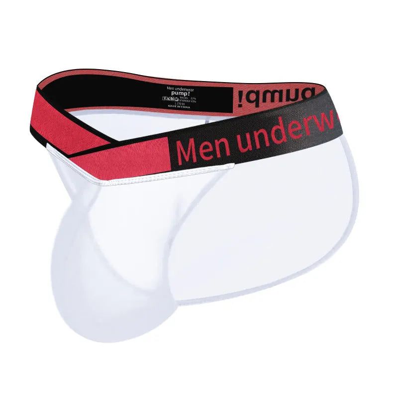 Men's black ice silk nylon underwear with a large V gradient high fork design on a white background