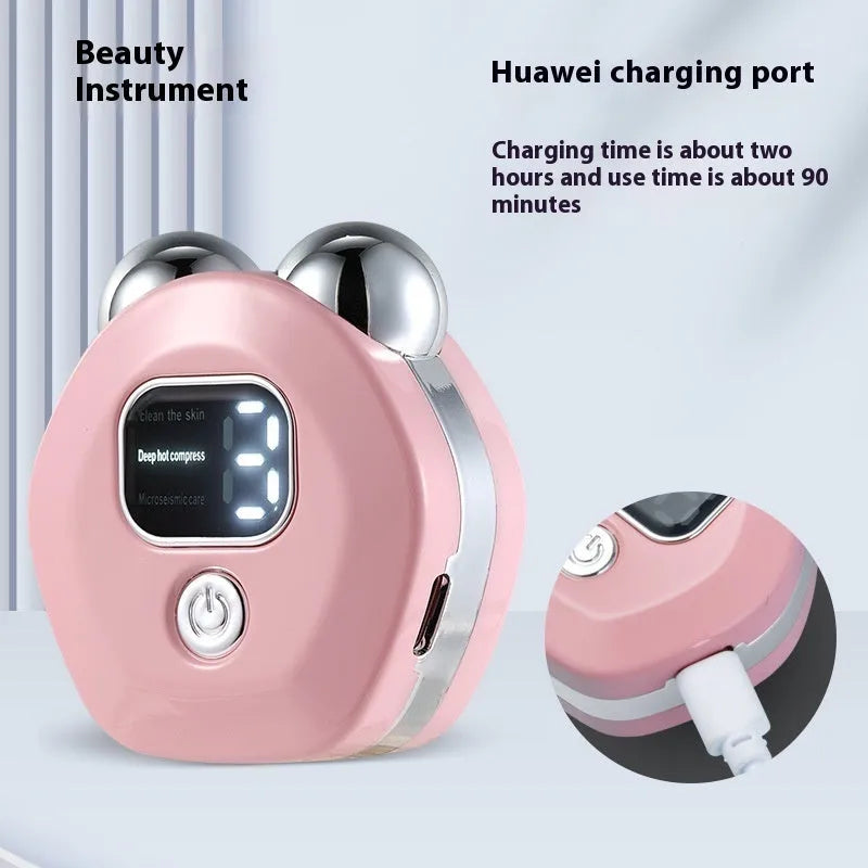 Portable white hot compress massage instrument with a double-roller head for facial micro current treatment.