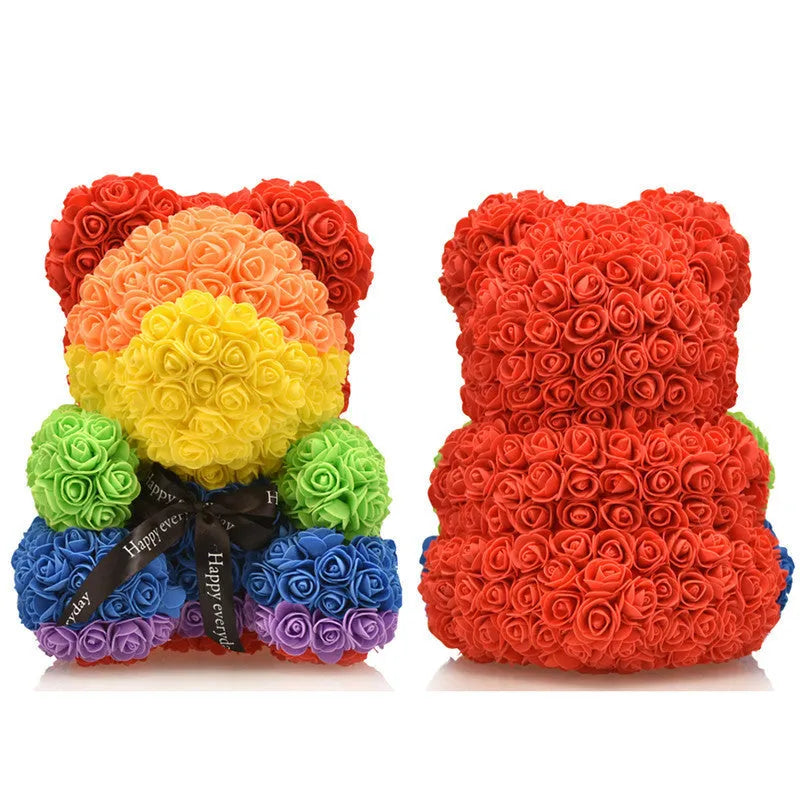 40cm handmade preserved flower bear with rainbow bow tie, seated, made of polyethylene foam