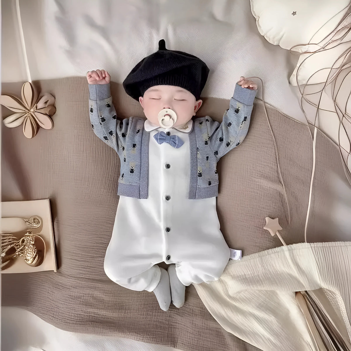 Cotton long-sleeve baby romper, cardigan fake two-piece, single-breasted, spring autumn, heights 66cm to 90cm