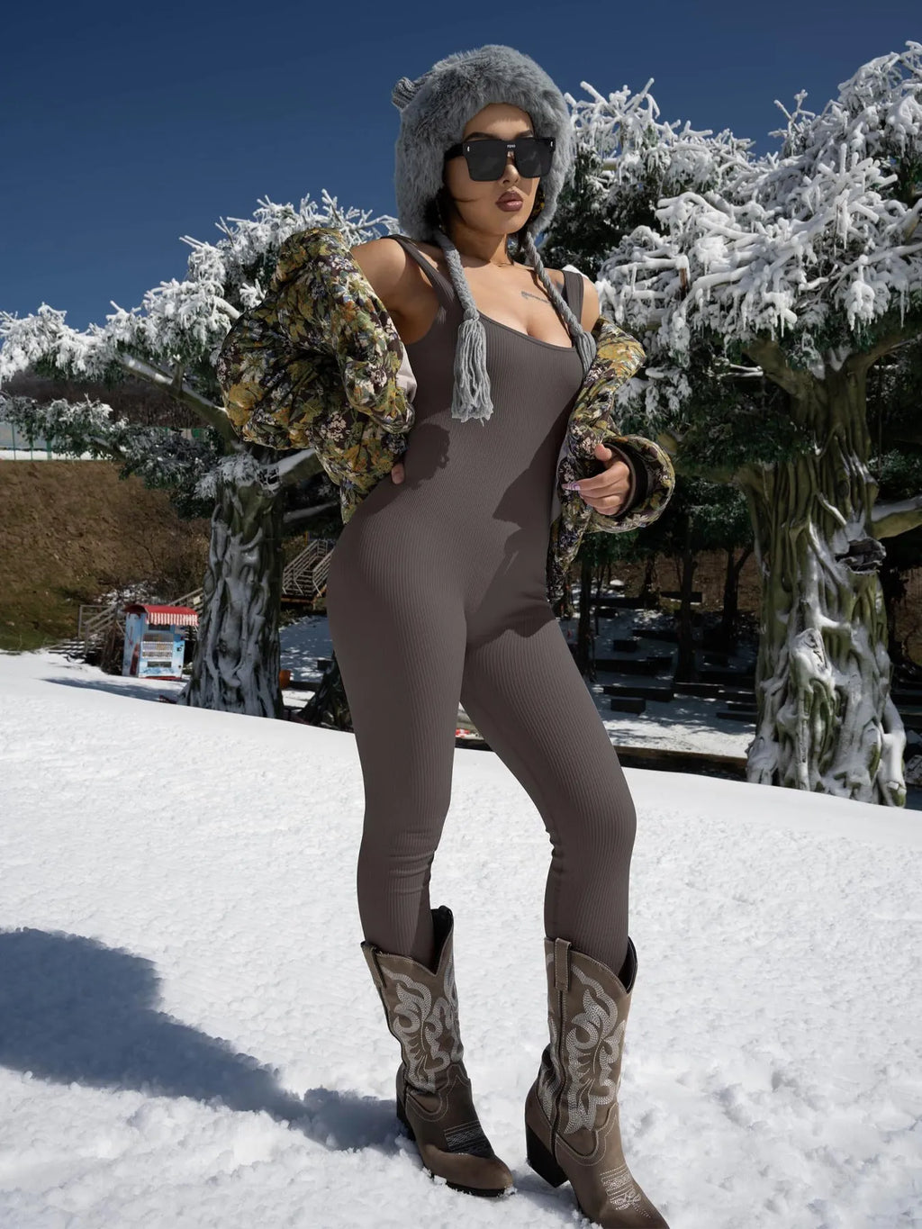 Women's long sleeve spandex suspender tights in beige with button details.