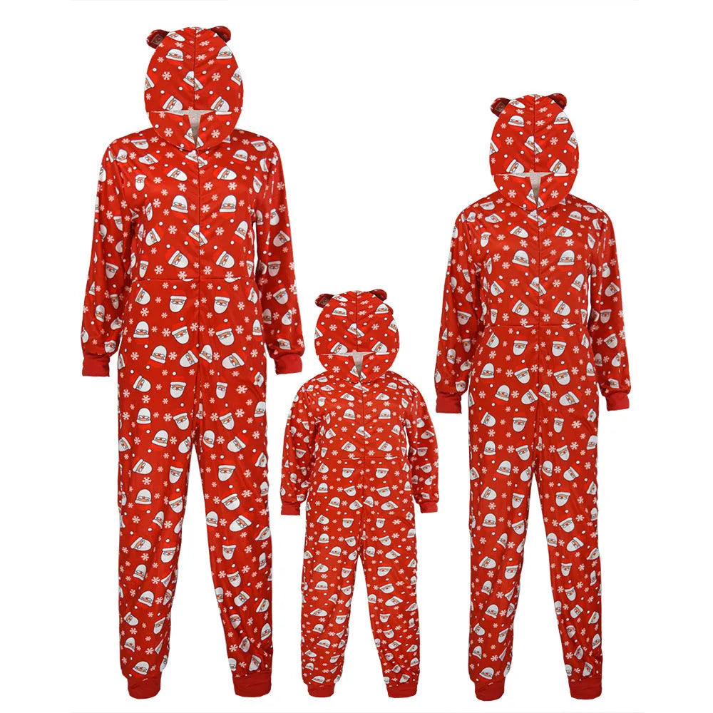 Family matching Christmas onesie in blue or red, hooded long-sleeve polyester knit jumpsuit for kids and adults