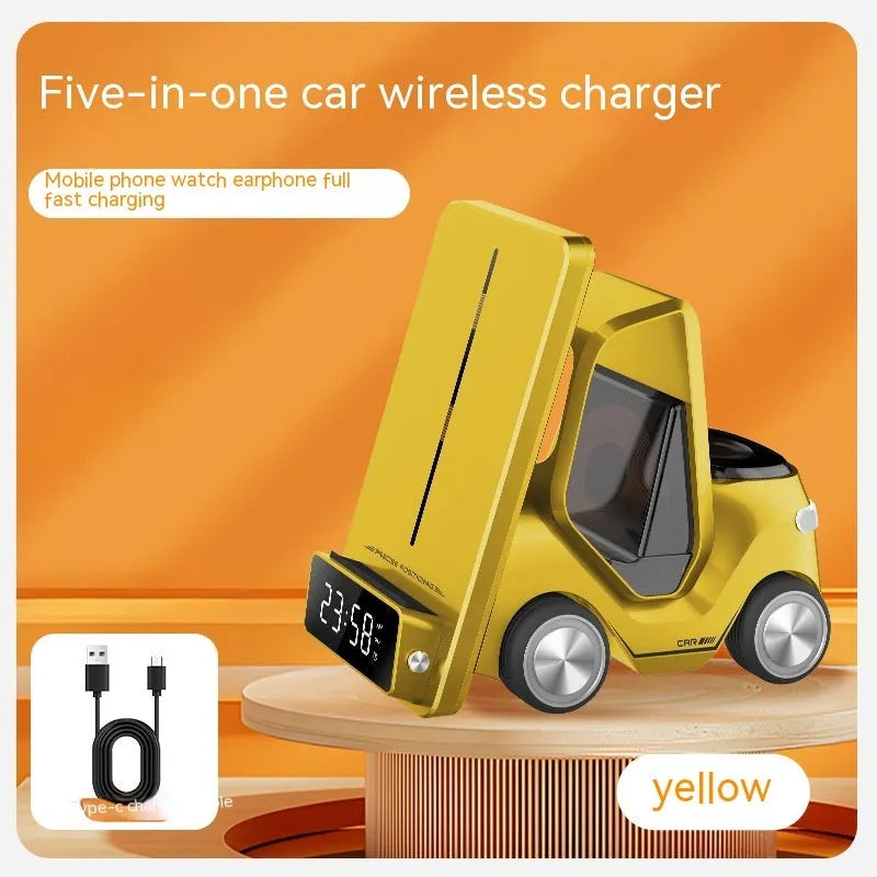 Grey three-in-one magnetic wireless charging bracket holding a phone, smartwatch, and earbuds case.