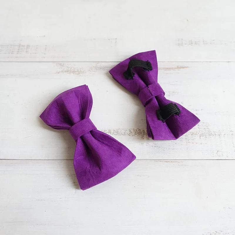 Purple velvet dog bow tie polyester accessory for collars in multiple sizes