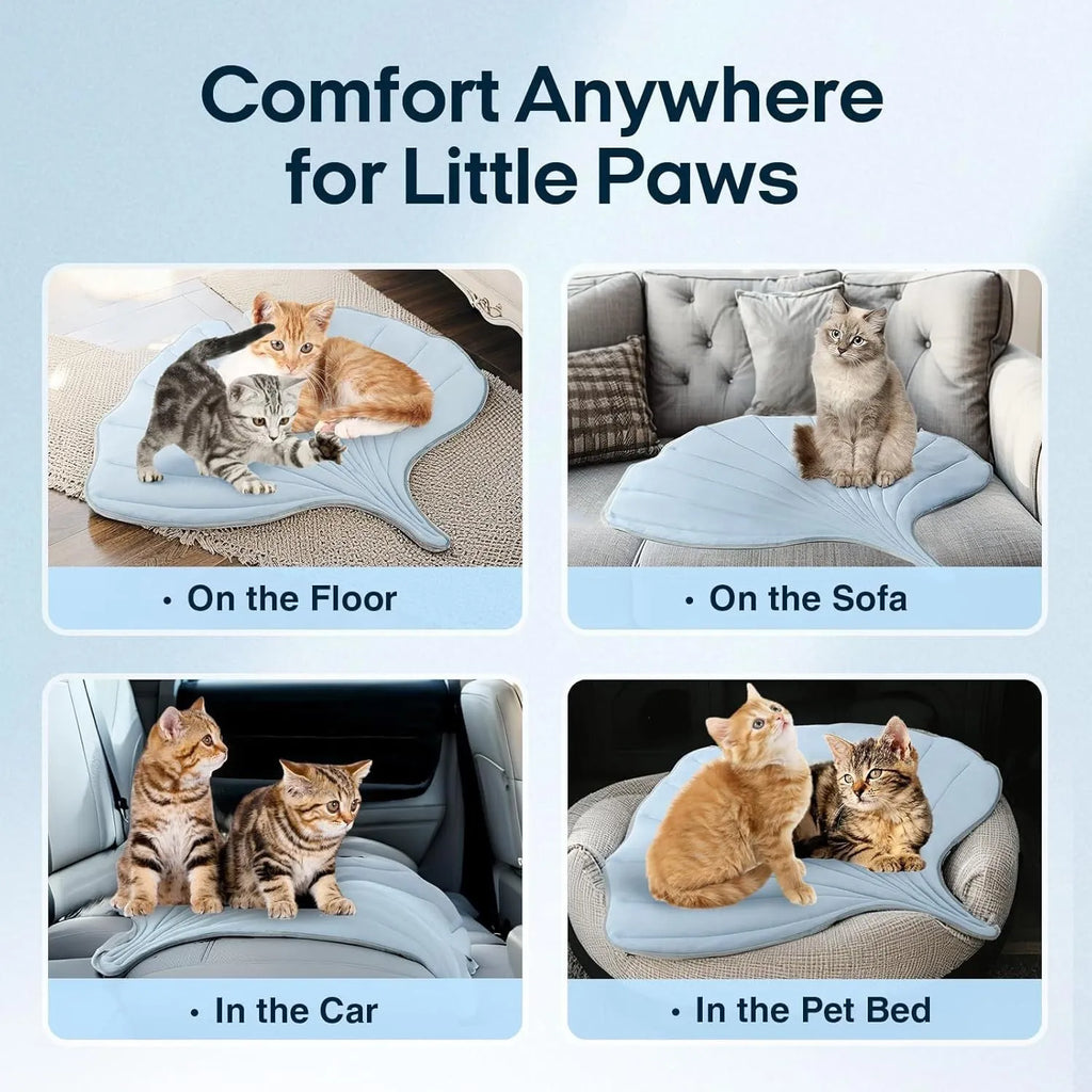 Ginkgo leaf shaped cloth cat ice pad pet floor mat in light blue or light green, sizes S M L