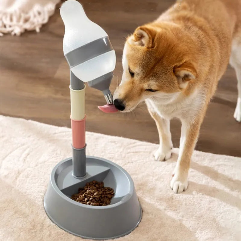 Green adjustable height pet water dispenser with detachable poles and non-drip drinking nozzle.