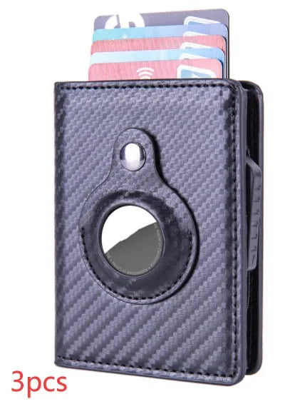 Automatic PU leather card wallet in Crazy Horse finish with anti-lost feature, card slots, and slim profile