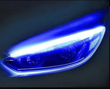 Waterproof silicone car LED daytime running light and flowing turn signal strip in multiple colours.