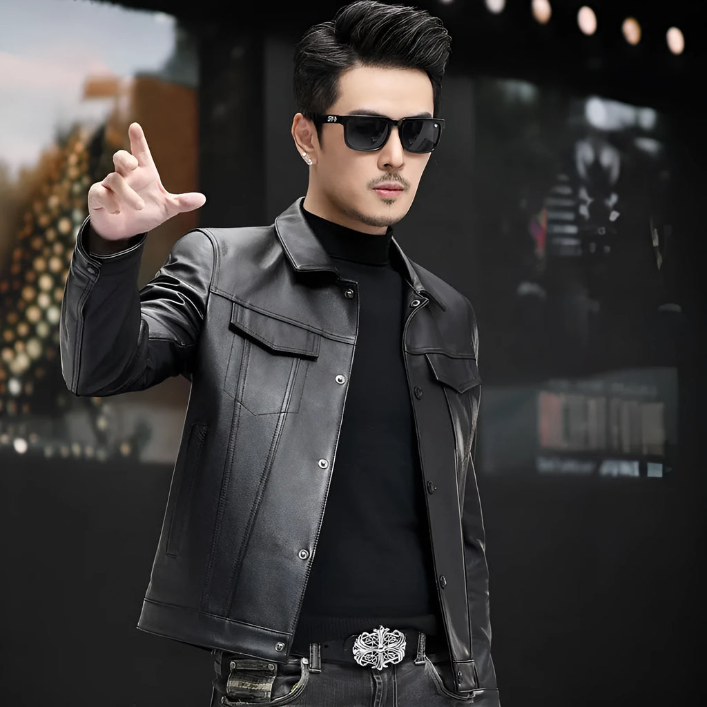 Men's black cowhide leather jacket with polo collar, sizes L to 5XL, daily wear