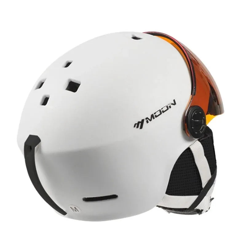 Moon ski helmet with retractable sun visor, polycarbonate shell, EPS coating, cotton lining, ear protector, and adjustable dial.