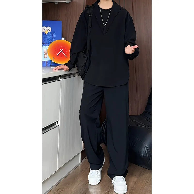 Men's black slim-fit long sleeve polo shirt and trousers two-piece casual suit set.