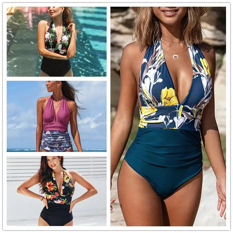 Women's sleeveless one-piece swimming suit in purple, black, blue, or yellow print colours.