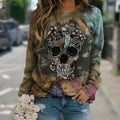 Black long sleeve men's sweatshirt with printed skull design on front, showing knitted fabric texture
