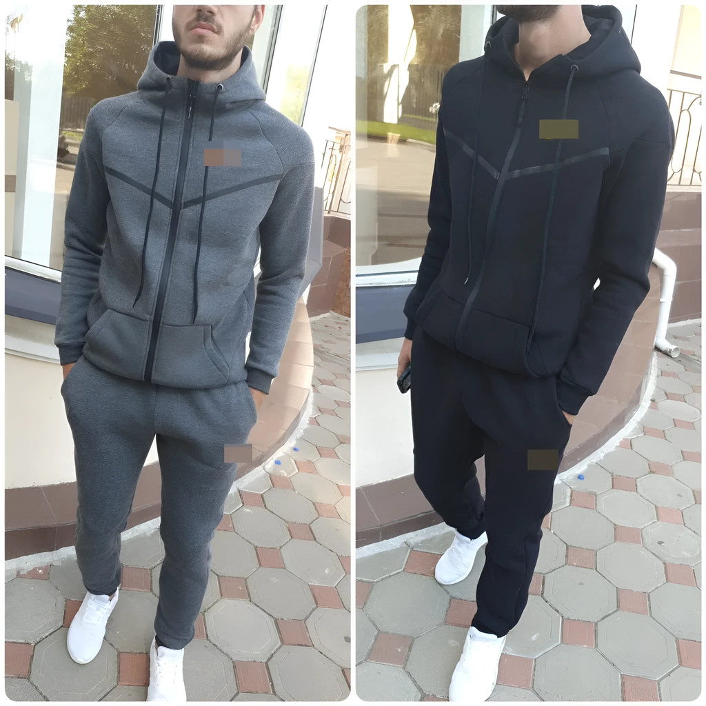 Two-piece sports and leisure set in black spandex, front view, sizes S to XL