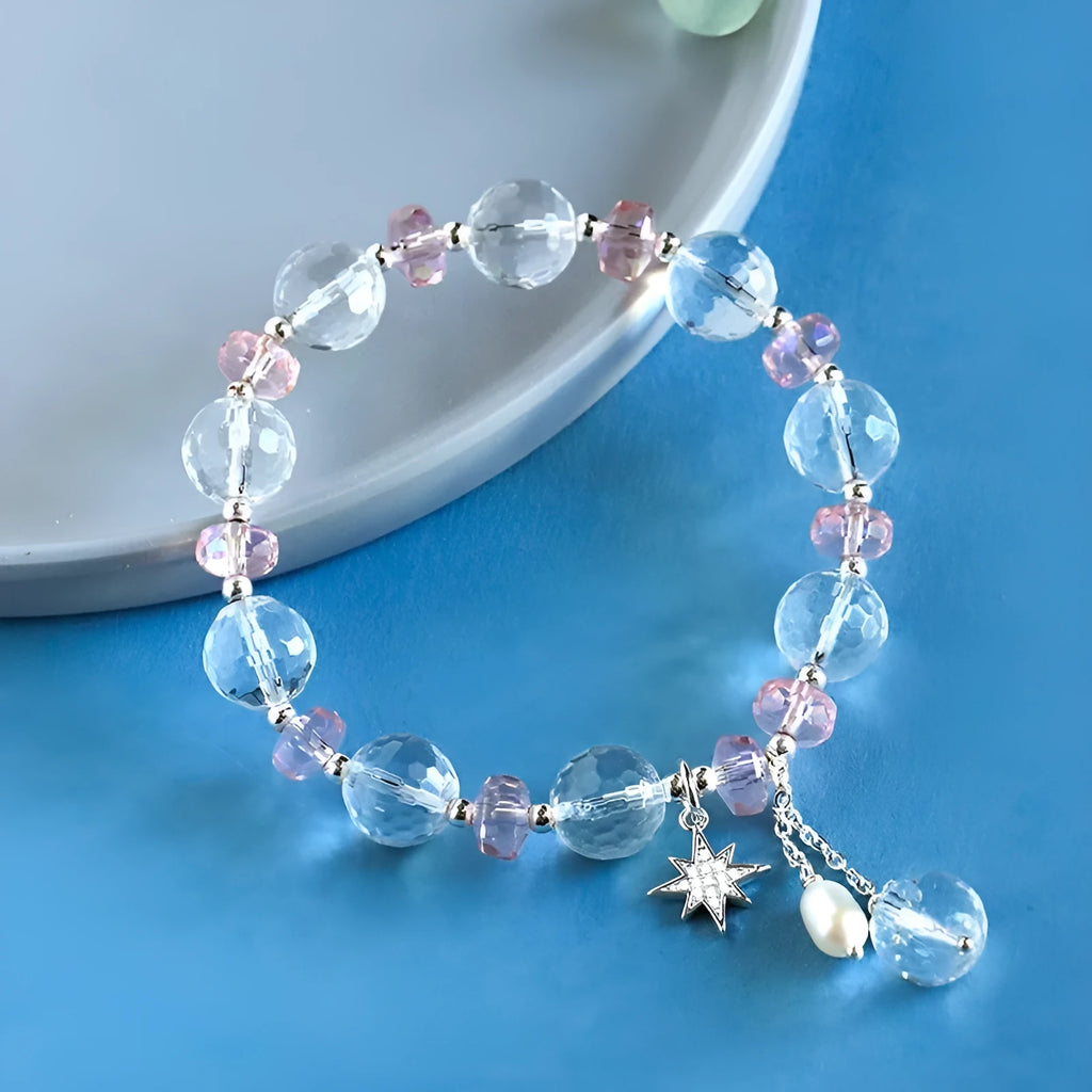 White crystal women's bracelet with diamond shapes and Lucky Cat charm in Korean style design
