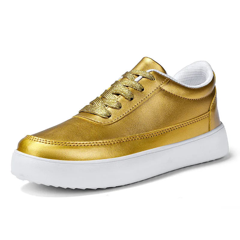 Women's white leather casual flat lace-up shoes on a neutral background, showing front and side views.