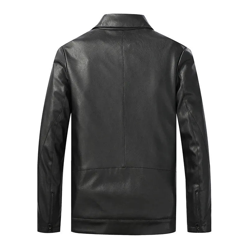 Men's slim lapel artificial leather jacket in black with side pockets and polyester lining