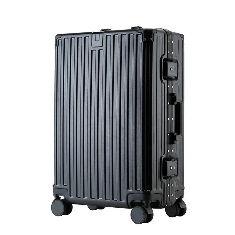 Aluminium frame trolley suitcase in avocado green with multi-functional pockets and USB port.