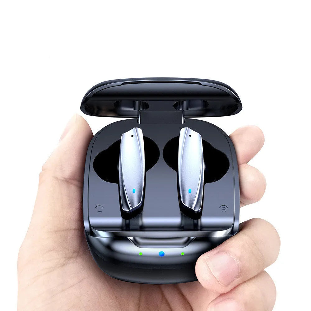 Black and white TWS Bluetooth 5.1 wireless earbuds with a charging case on a white background.