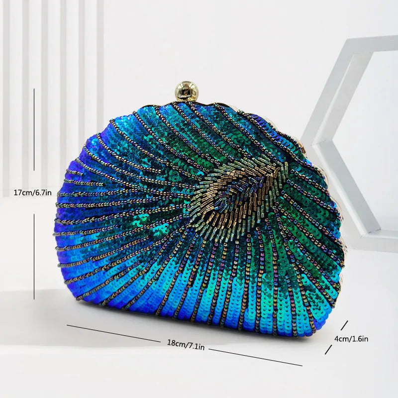 Women's vintage beaded one-shoulder crossbody chain handbag in blue, black, gold, silver or red with phone and ID pockets.