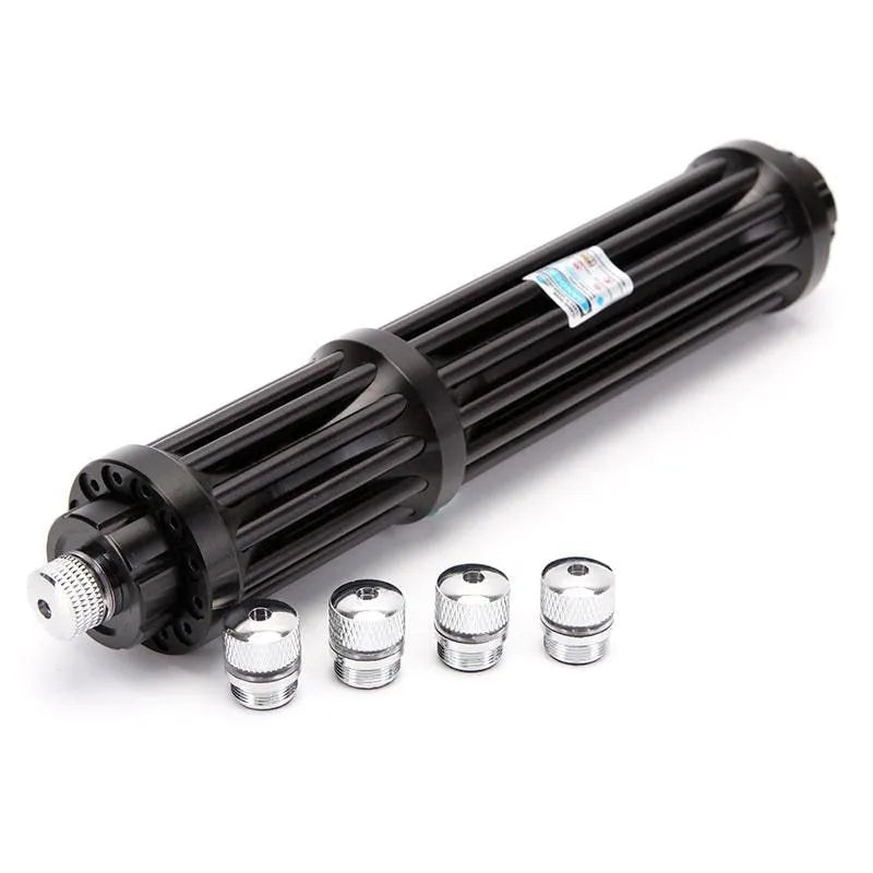 Black anodised aluminium self-defence laser flashlight with blue light beam, showing extended 168mm length