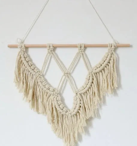 Boho style macrame wall hanging handmade from cotton rope, 40x50cm, pink colour with fringed ends and wooden rod