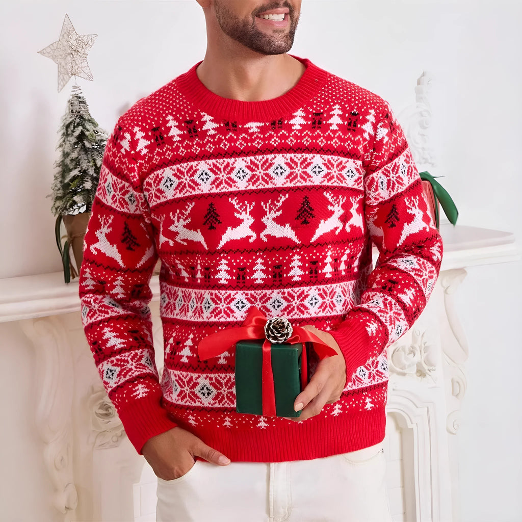 Men's Christmas jumper in red or navy blue, round neck, long sleeve, loose jacquard knit, sizes S to XXL.