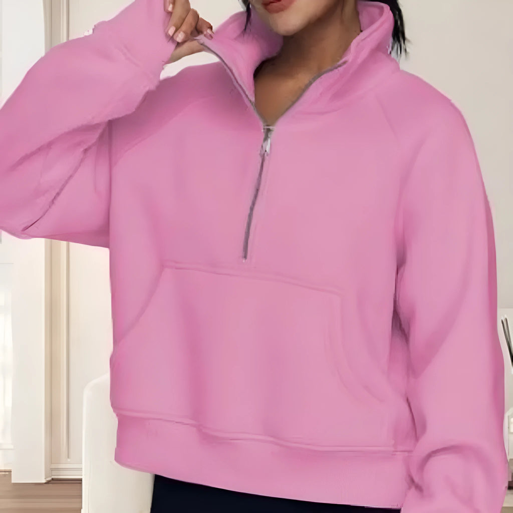 Loose lapel fleece-lined women's sweater in a solid colour with raglan long sleeves.