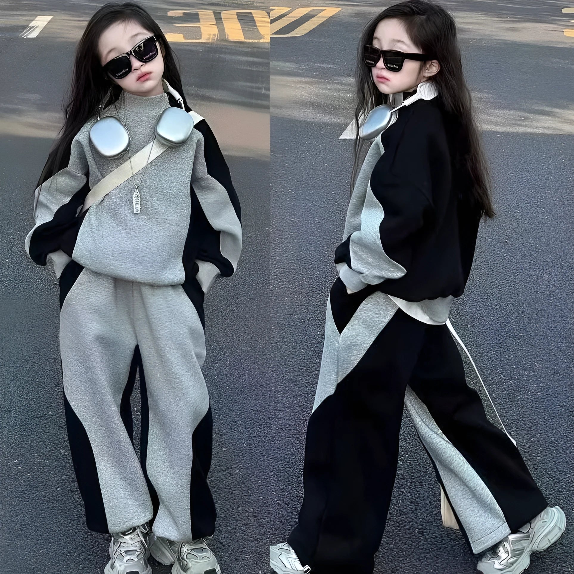 Girls casual two-piece sweatsuit set in gray, long sleeve pullover and matching pants