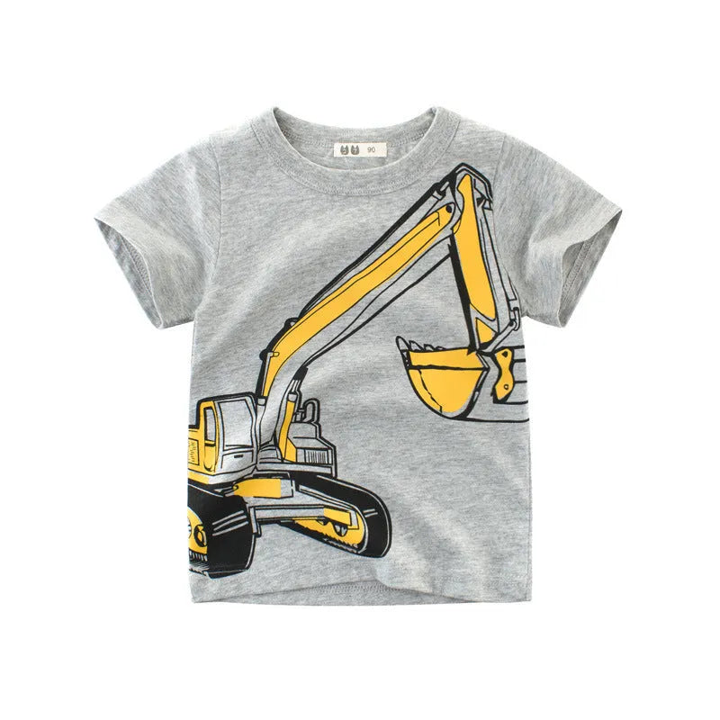 Boys short sleeve T-shirt in flower ash colour with cartoon pattern, round neck, 100% cotton