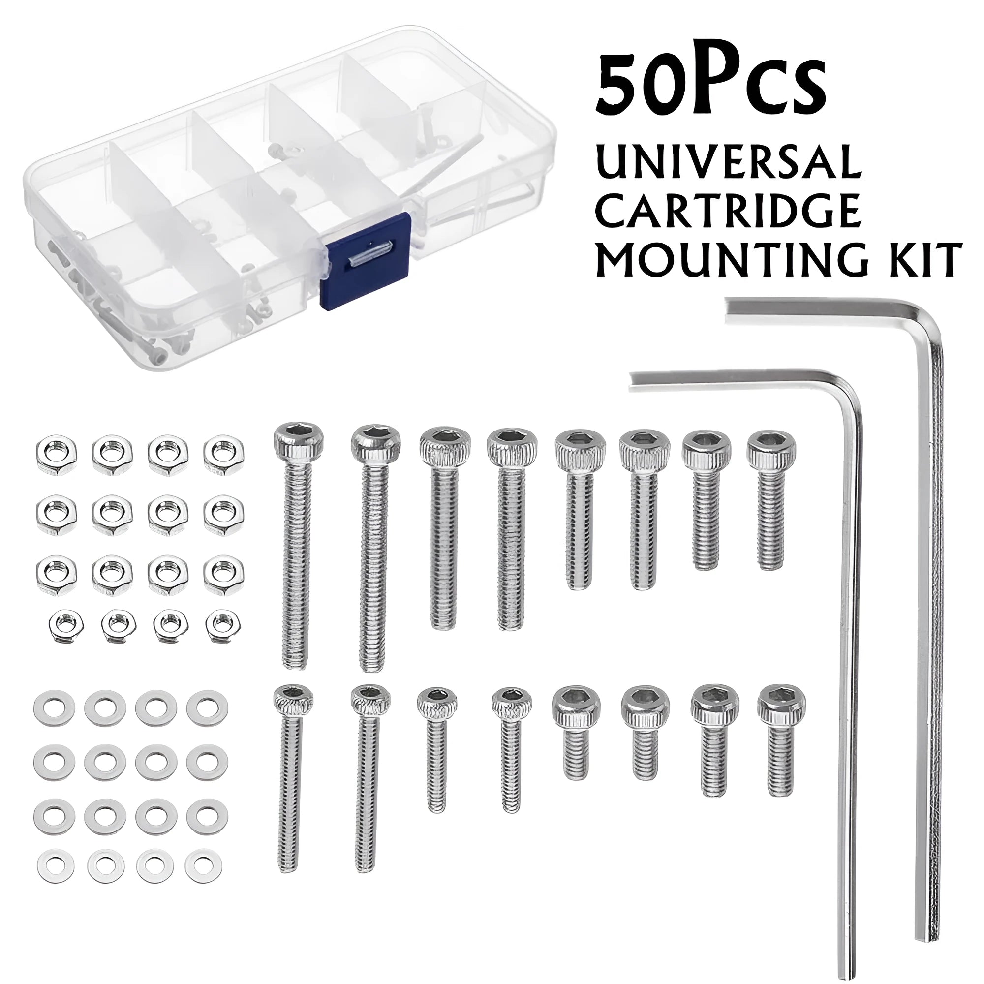 Stainless steel phono cartridge mounting kit with allen bolts, nuts, washers, and two allen keys.