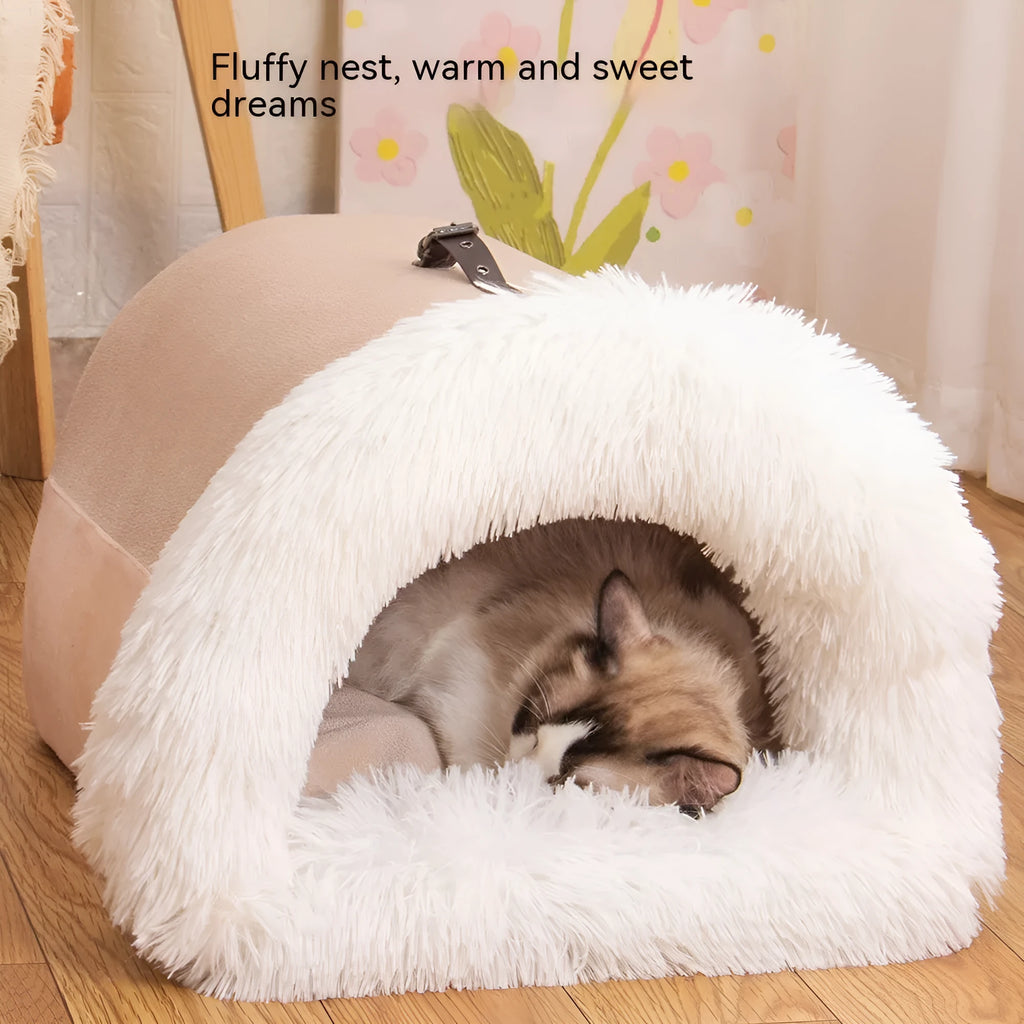 Splice portable pet nest in brown with semi-enclosed hood, soft plush fabric, M size