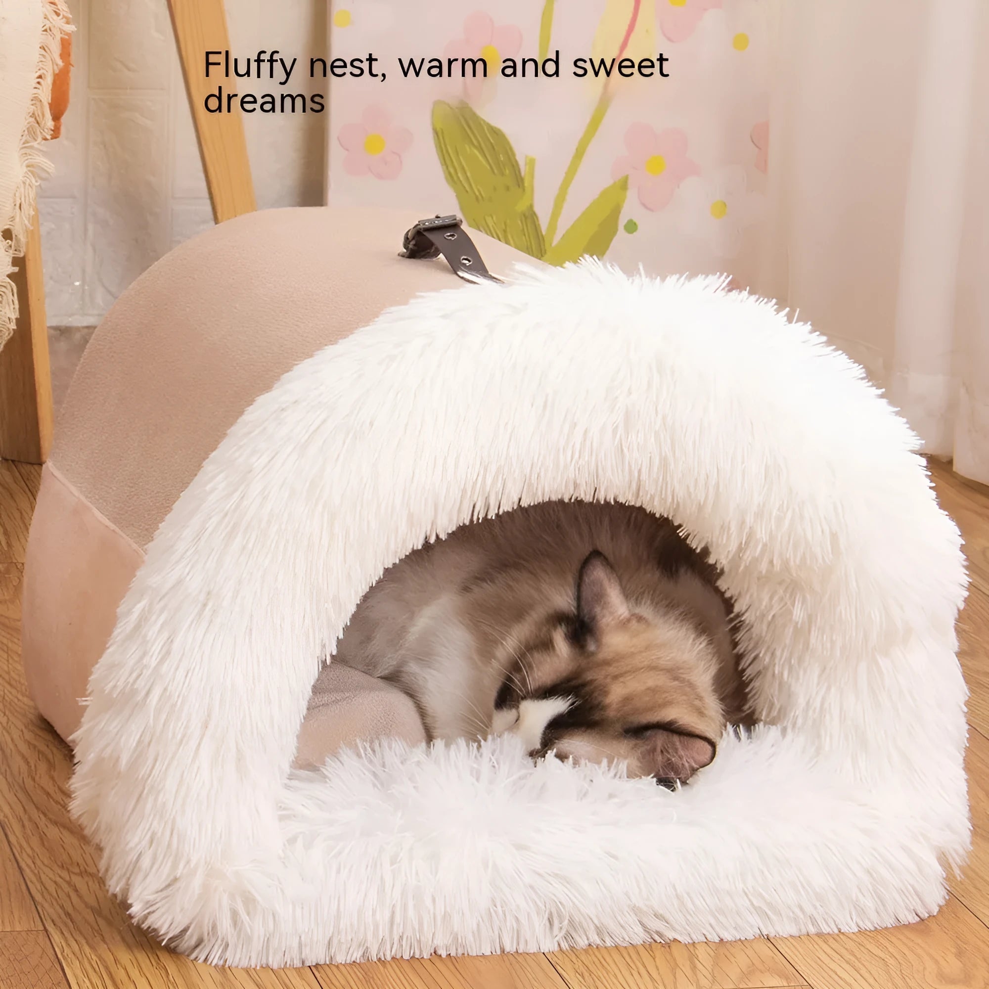 Splice portable pet nest in brown with semi-enclosed hood, soft plush fabric, M size