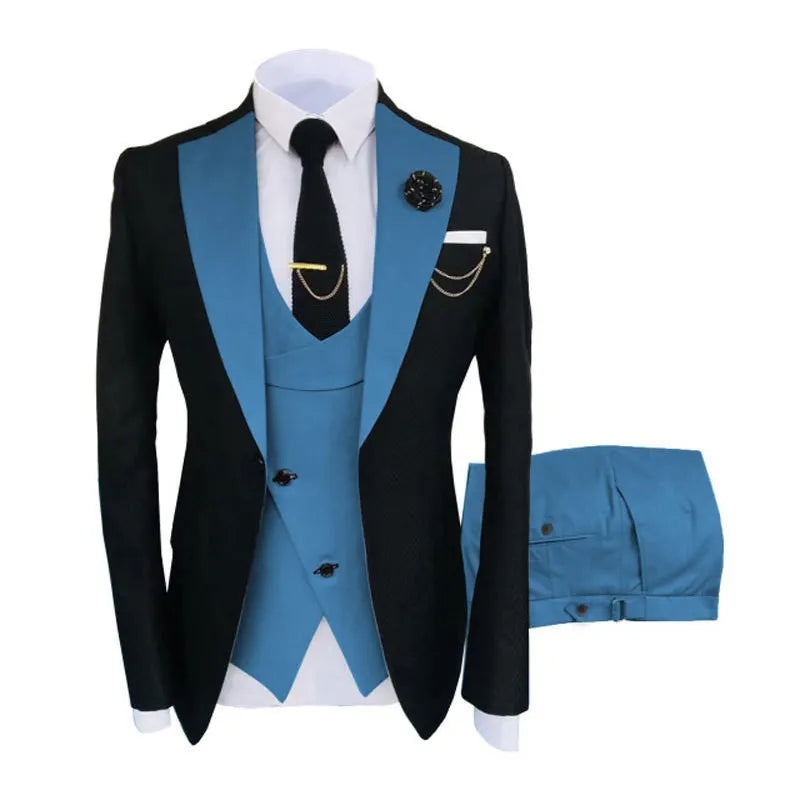 Men's slim fit three-piece cotton suit with coat, vest, and trousers for formal occasions