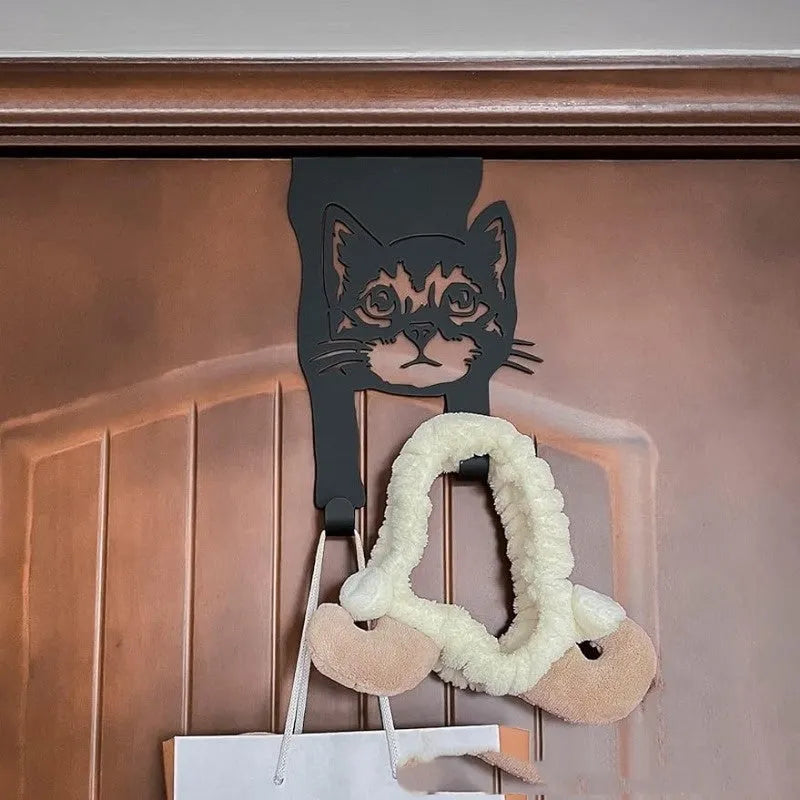 Black decorative cat-shaped iron wall hook with punch-free mounting